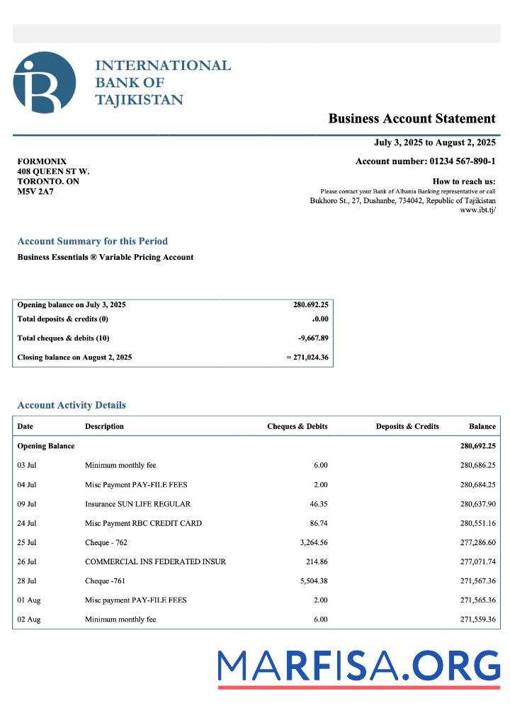 Blank Tajikistan IBT business checking account statement Word and PDF template
